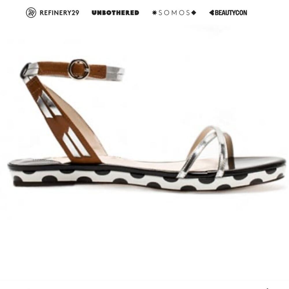 $495 Sophia Webster Luca Sandals Silver Tan Black White Size 35 US 4.5 EUC